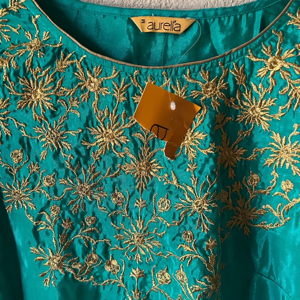 Aurelia Turquoise and Gold Floral Embroidered  Kurti  silk type material